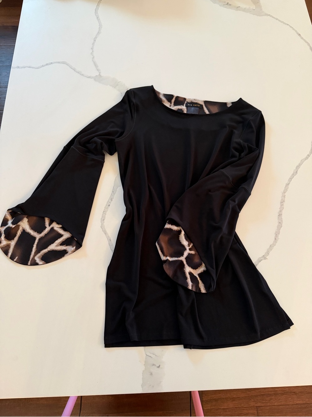 Eva Varro Black Bell Sleeve Top & animal print  contrasting sleeve inner design